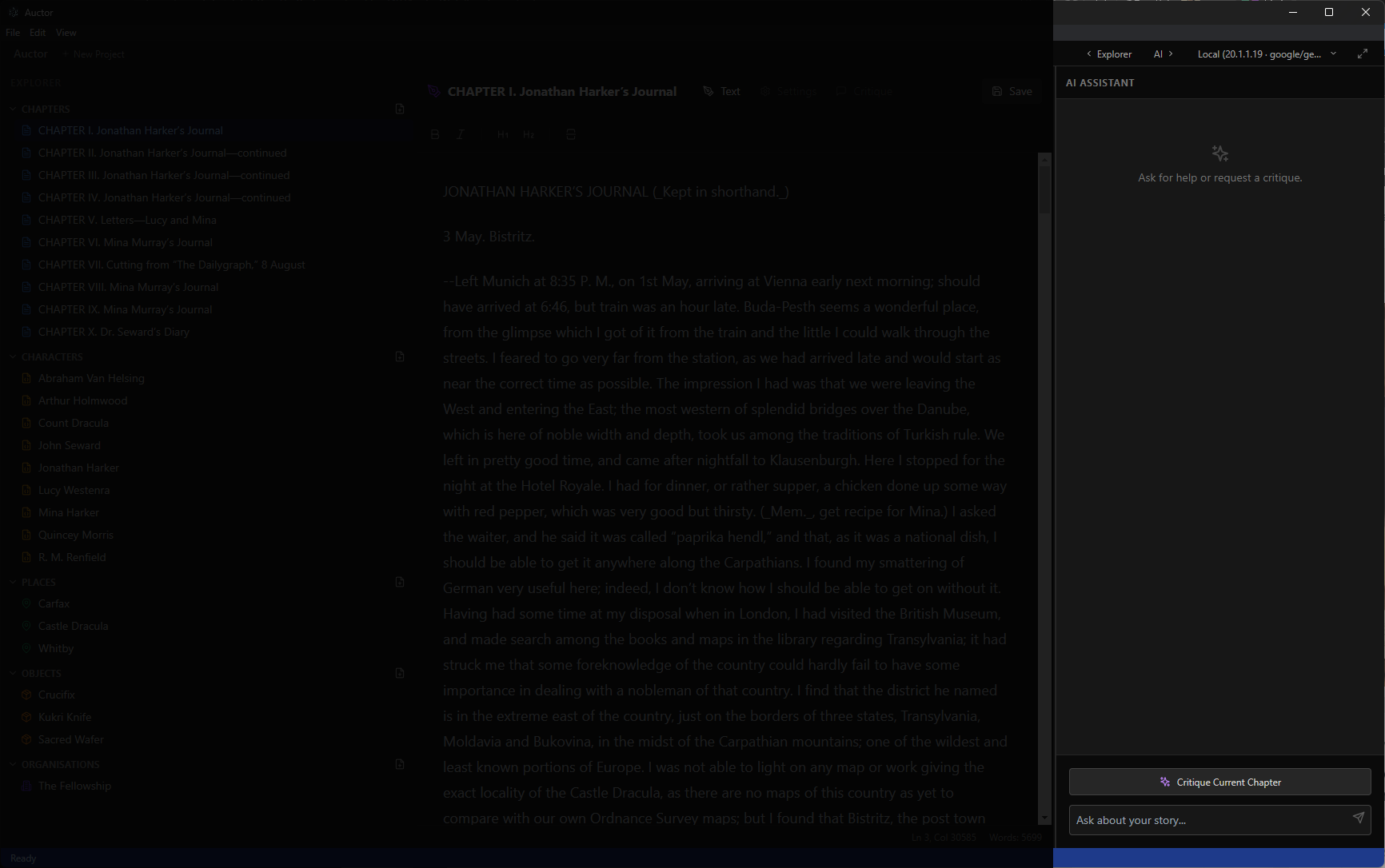 Auctor chapter editor with the story-aware AI assistant open